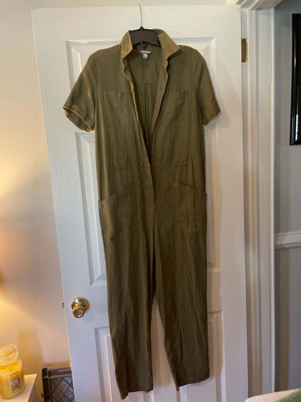 A New Day Olive Green Linen Blend Short Sleeve Jumpsuit Size S